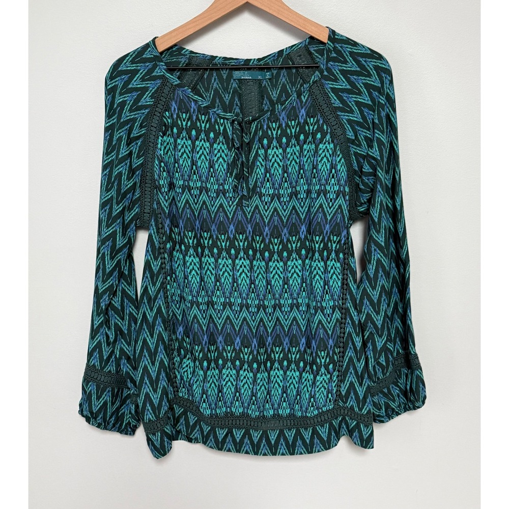 Prana Women Peasant Blouse XL Teal Blue Ikat Crochet Trim Long Sleeve
Size XL
